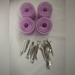 Purple Hair Rollers and Silver Clips Set